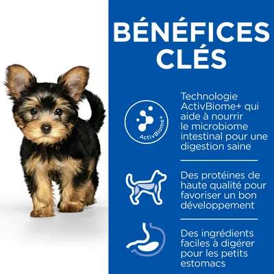 BÉNÉFICES CLÉS : Technologie ActivBiome+ pour le microbiome intestinal, protéines de haute qualité, ingrédients faciles à digérer pour petits estomacs. Texte en fr_BE.