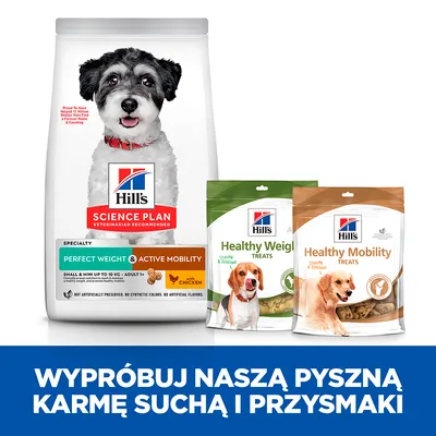 Hill's Science Plan Perfect Weight & Active Mobility karma sucha oraz przysmaki Healthy Weight Treats i Healthy Mobility Treats dla psów. Widoczne opakowania produktów.