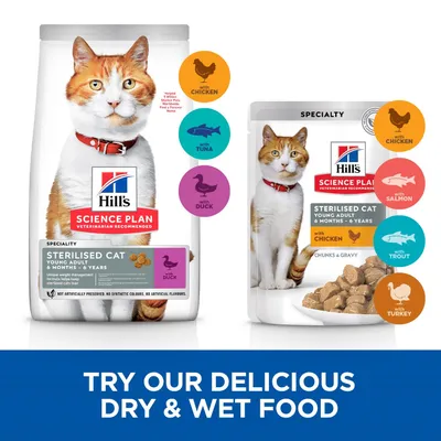 Hill's Science Plan Sterilised Cat Young Adult 6 months–6 years kuivaruoka ja märkäruoka. Näkyvissä maut: kana, tonnikala, ankka, lohi, taimen, kalkkuna.