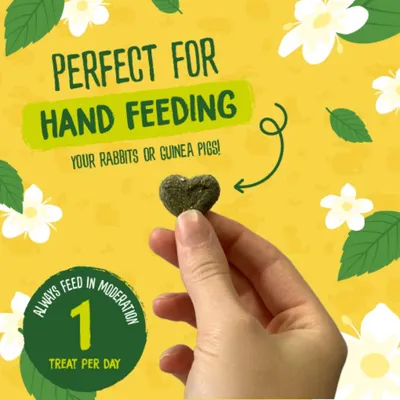 Hand holding a heart-shaped treat with text: Perfect for hand feeding your rabbits or guinea pigs. Always feed in moderation, 1 treat per day.