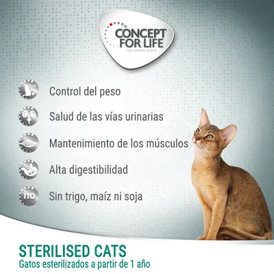 Concept for Life. Control del peso, salud de las vías urinarias, mantenimiento de los músculos, alta digestibilidad, sin trigo, maíz ni soja. Sterilised Cats: gatos esterilizados a partir de 1 año.