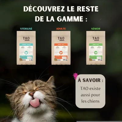Découvrez le reste de la gamme : TAO Stérilisé, Adulte, Sénior. À savoir : TAO existe aussi pour les chiens.