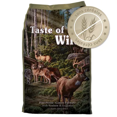 Sac Taste of the Wild Pine Forest Canine Formula with Venison & Legumes, mention visible : sans céréales. Texte en anglais sur l’emballage.