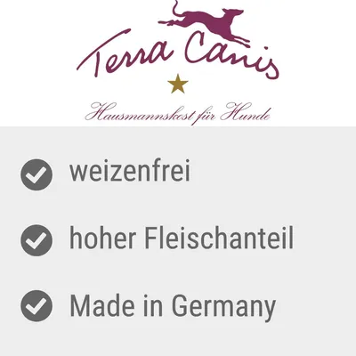 Terra Canis Hausmannskost für Hunde. weizenfrei, hoher Fleischanteil, Made in Germany. Texte en allemand.