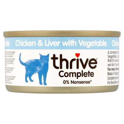 thrive Complete Chicken & Liver with Vegetable, 0% Nonsense – puszka karmy dla kotów. Widoczny niebieski kot i tekst na etykiecie.