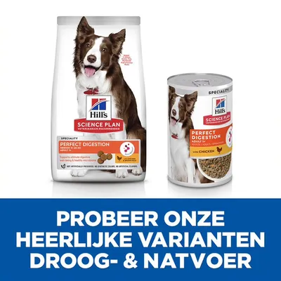 Hill's Science Plan Perfect Digestion droogvoer en natvoer voor honden. Tekst: Probeer onze heerlijke varianten droog- & natvoer.