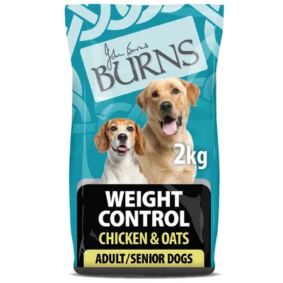 2kg bag labelled weight control, chicken and oats, for adult and senior dogs.