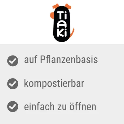 Tiaki. auf Pflanzenbasis, kompostierbar, einfach zu öffnen (texte en allemand)
