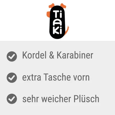 Tiaki. Snöre och karbinhake, extra ficka fram, mycket mjuk plysch.