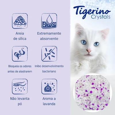 Tigerino Crystals. Areia de sílica, extremamente absorvente, bloqueia os odores antes de alastrarem, inibe desenvolvimento bacteriano, não levanta pó, aroma a lavanda.