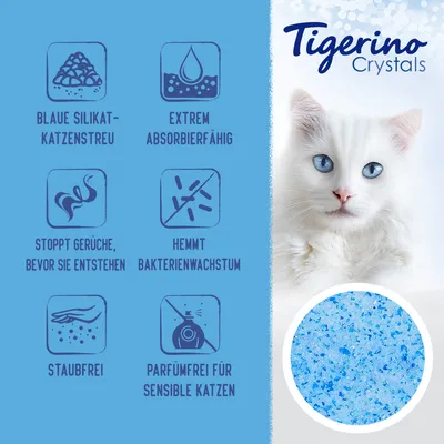 Tigerino Crystals blaue Silikat-Katzenstreu: extrem absorbierfähig, stoppt Gerüche bevor sie entstehen, hemmt Bakterienwachstum, staubfrei, parfümfrei für sensible Katzen.