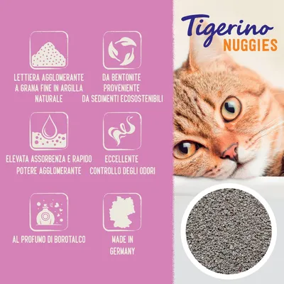 Tigerino Nuggies lettiera agglomerante: argilla naturale, bentonite da sedimenti ecosostenibili, elevata assorbenza, controllo odori, profumo borotalco, made in Germany.