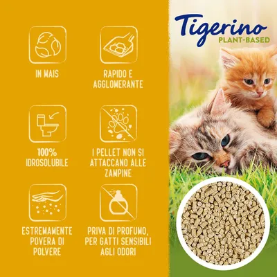 Tigerino Plant-Based lettiera per gatti, in mais, rapido e agglomerante, 100% idrosolubile, i pellet non si attaccano alle zampine, povera di polvere, senza profumo per gatti sensibili agli odori.