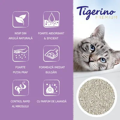 Tigerino Premium. Nisip din argilă naturală, foarte absorbant și eficient, foarte puțin praf, formează imediat bulgări, control rapid al mirosului, cu parfum de lavandă.
