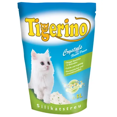 Tigerino Crystals Flower-Power Silikatstreu, 5 l. Text: Stoppt Gerüche in Sekunden, Leicht und ergiebig, Kompostierbar und umweltfreundlich, Blütenduft. Bílá kočka a stelivo.