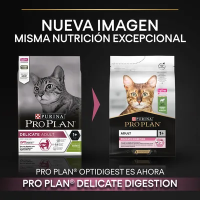 Cambio de imagen en el envase de Purina Pro Plan para gatos adultos: antes 'Optidigest Delicate Adult', ahora 'Adult Delicate Digestion'. Texto: Nueva imagen, misma nutrición excepcional.