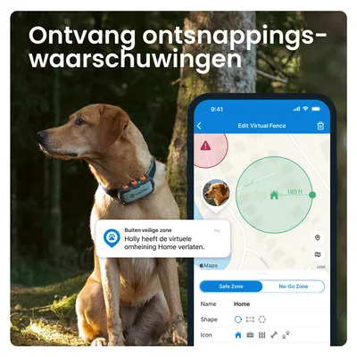 Hond met Tractive-halsband, smartphone toont app met virtueel hek en melding: 'Buiten veilige zone. Holly heeft de virtuele omheining Home verlaten.' Tekst bovenaan: 'Ontvang ontsnappingswaarschuwingen'.