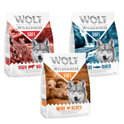 Wolf of Wilderness Soft alimento secco, varianti: High Valley con manzo e pollo, Blue River con salmone e pollo, Wide Acres con pollo. Ricetta 100% senza cereali, confezione da 1 kg.