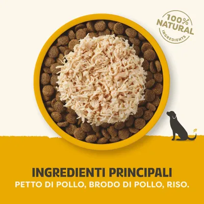 100% componenti naturali. Ingredienti principali: petto di pollo, brodo di pollo, riso. 100% componenti naturali. Ingredienti principali: petto di pollo, brodo di pollo, riso.