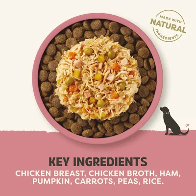 Huvudingredienser: Kycklingbröst, kycklingbuljong, skinka, pumpa, morötter, ärtor, ris. Sigill: Tillverkad med naturliga ingredienser. Huvudingredienser: Kycklingbröst, kycklingbuljong, skinka, pumpa, morötter, ärtor, ris. Sigill: Tillverkad med naturliga ingredienser.