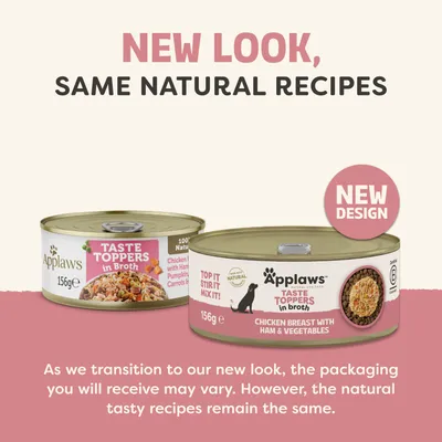 Applaws Taste Toppers i buljong, ny design. Förpackningen kan variera, recepten bibehålls. Kycklingbröst med skinka och grönsaker, 156 g. Applaws Taste Toppers i buljong, ny design. Förpackningen kan variera, recepten bibehålls. Kycklingbröst med skinka och grönsaker, 156 g.
