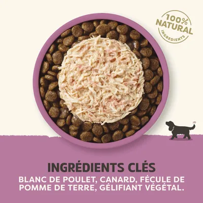100 % ingrédients naturels. Ingrédients principaux : filet de poulet, canard, fécule de pomme de terre, gélifiant végétal. 100 % ingrédients naturels. Ingrédients principaux : filet de poulet, canard, fécule de pomme de terre, gélifiant végétal.