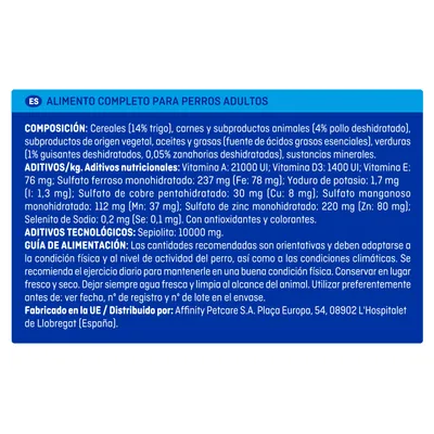Composición: cereales (14% trigo), carnes y subproductos animales (4% pollo deshidratado), aceites, grasas, verduras, minerales. Aditivos nutricionales y guía de alimentación para perros adultos.