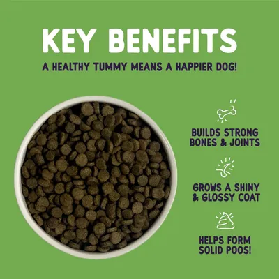 Key benefits: builds strong bones and joints, grows a shiny and glossy coat, helps form solid poos. A healthy tummy means a happier dog.