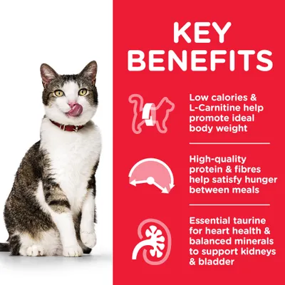 KEY BENEFITS: Low calories & L-Carnitine help promote ideal body weight; High-quality protein & fibres help satisfy hunger between meals; Essential taurine for heart health & balanced minerals to support kidneys & bladder. Az összes szöveg angolul van.