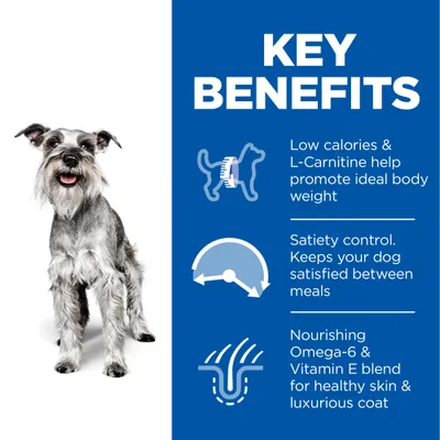 Key Benefits: Low calories & L-Carnitine help promote ideal body weight. Satiety control. Keeps your dog satisfied between meals. Nourishing Omega-6 & Vitamin E blend for healthy skin & luxurious coat. Az angol szöveg a képen szerepel.