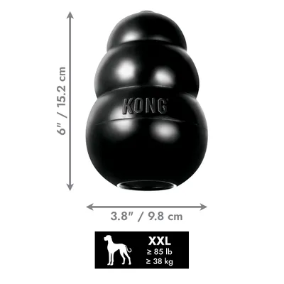 KONG igrača, mere: 15,2 cm visoka, 9,8 cm široka. Velikost XXL za živali od 38, kg naprej (85 lb). KONG igrača, mere: 15,2 cm visoka, 9,8 cm široka. Velikost XXL za živali od 38, kg naprej (85 lb).