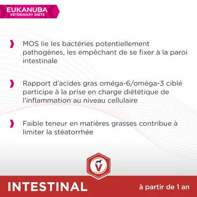 EUKANUBA Veterinary Diets. MOS lie les bactéries pathogènes, rapport oméga-6/oméga-3 ciblé pour l’inflammation, faible teneur en matières grasses. INTESTINAL à partir de 1 an.
