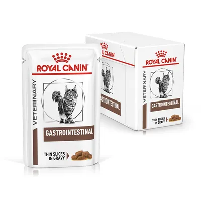 Veterinary gastrointestinal thin slices in gravy, visible on pouch and box packaging.