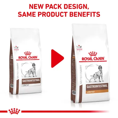 ROYAL CANIN GASTROINTESTINAL LOW FAT. Νέος σχεδιασμός συσκευασίας, ίδιο προϊόν. Εμφανίζονται δύο σακούλες τροφής σκύλου με διαφορετική εμφάνιση συσκευασίας.