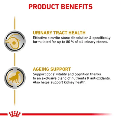 Product benefits: Urinary tract health – effective struvite stone dissolution, formulated for up to 80% of urinary stones. Ageing support – supports dogs’ vitality, cognition, kidney health.