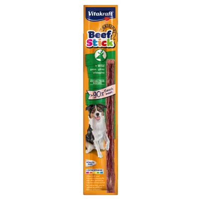 Vitakraft Beef Stick + Wild, Sugar Free Recipe, >90% Fleisch meat, slika psa na pakiranju, bez umjetnih boja i pojačivača okusa, extra vitamine.