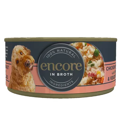 Tin labelled encore in broth, 100% natural ingredients, chicken breast with rice and vegetables shown on the packaging.