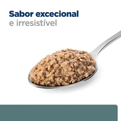 Texto visível: 'Sabor excecional e irresistível'. Colher com comida húmida castanha para animais de estimação.