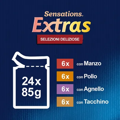 Sensations Extras Selezioni Deliziose, 24 bustine da 85 g: 6 con manzo, 6 con pollo, 6 con agnello, 6 con tacchino.