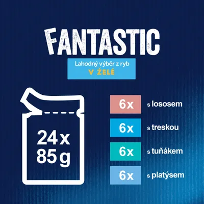 FANTASTIC Lahodný výběr z ryb v želé, 24×85 g: 6× s lososem, 6× s treskou, 6× s tuňákem, 6× s platýsem.