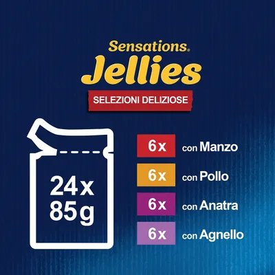 Sensations Jellies Selezioni Deliziose, 24x85g: 6x con Manzo, 6x con Pollo, 6x con Anatra, 6x con Agnello. Testo e quantità visibili sull'immagine.