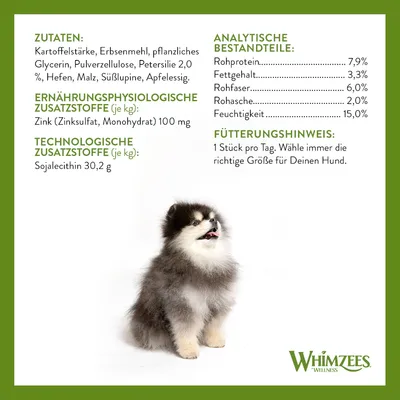 Zutaten: Kartoffelstärke, Erbsenmehl, pflanzliches Glycerin, Petersilie 2%, Hefen, Malz, Süsslupine, Apfelessig. Fütterungshinweis: 1 Stück pro Tag. Whimzees Wellness.