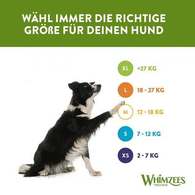 Tableau des tailles pour chiens Whimzees : XL plus de 27 kg, L 18–27 kg, M 12–18 kg, S 7–12 kg, XS 2–7 kg. Texte en allemand. Chien noir et blanc assis.