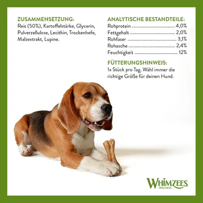 Zusammensetzung: Reis (50%), Kartoffelstärke, Glycerin, Pulverzellulose, Lecithin, Trockenhefe, Malzextrakt, Lupine. Analytische Bestandteile: Rohprotein 4%, Fettgehalt 2%, Rohfaser 3,1%, Rohasche 2,4%, Feuchtigkeit 12%. Fütterungshinweis: 1x Stück pro Tag. Wähl immer die richtige Grösse für deinen Hund. Whimzees Wellness.