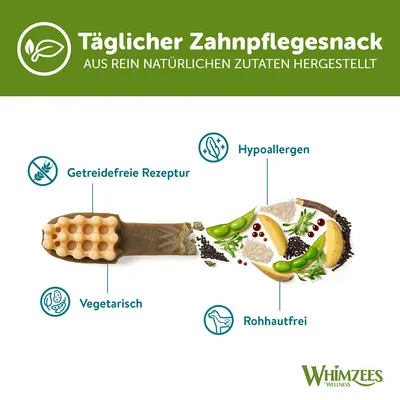 Täglicher Zahnpflegesnack aus rein natürlichen Zutaten. Getreidefreie Rezeptur, hypoallergen, vegetarisch, rohhautfrei. Marke: Whimzees Wellness.