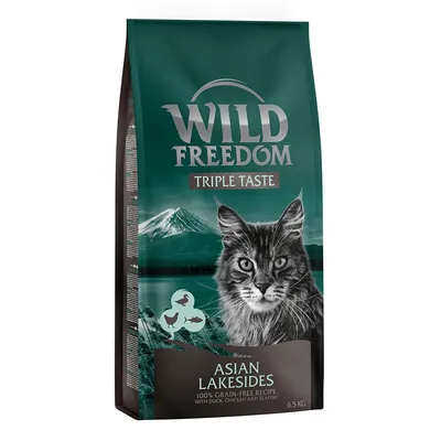 Wild Freedom Triple Taste Asian Lakesides, viljaton resepti ankalla, kanalla ja merikalalla, 6,5 kg. Pakkauksessa kissa vuoristomaisemassa.