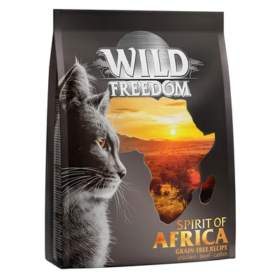 Confezione Wild Freedom Spirit of Africa Grain-Free Recipe, testo visibile: chicken, beef, catfish, immagine di un gatto e sagoma dell'Africa con tramonto.