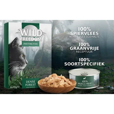 Wild Freedom Instinctive Dense Forest kattenvoer, 6×70g. Tekst: 100% spiervlees in het vleesgehalte, 100% graanvrije receptuur, 100% soortspecifiek. Blik en voer zichtbaar.