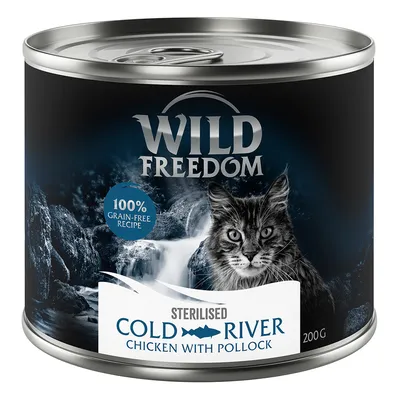 Wild Freedom Sterilised Cold River Chicken with Pollock, 100% grain-free recipe, puszka 200 g. Widoczny kot i wodospad na etykiecie.