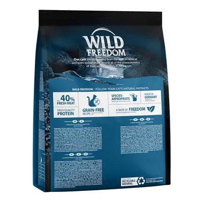 Wild Freedom dry food with 40% fresh meat, high-quality protein, grain-free recipe, species-appropriate, made in Germany, recyclable material. Feeding and ingredient details shown.